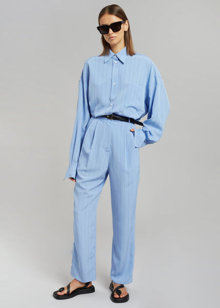 Helsa Cotton Poplin Stripe Pajama Pant in Bright Blue Stripe | REVOLVE